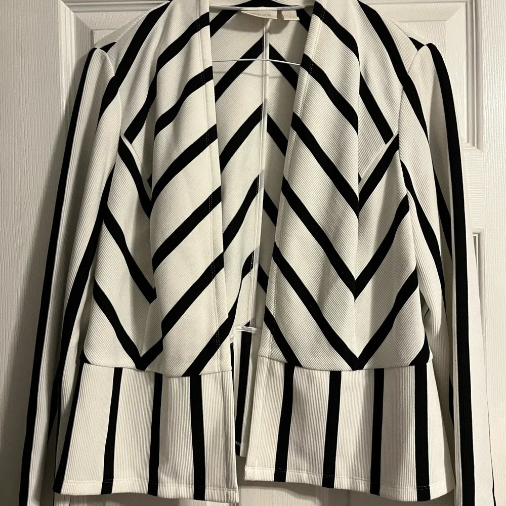 Chico's Black White Textured Diagonal Stripe Open Blazer Jacket Size 2 (US L)